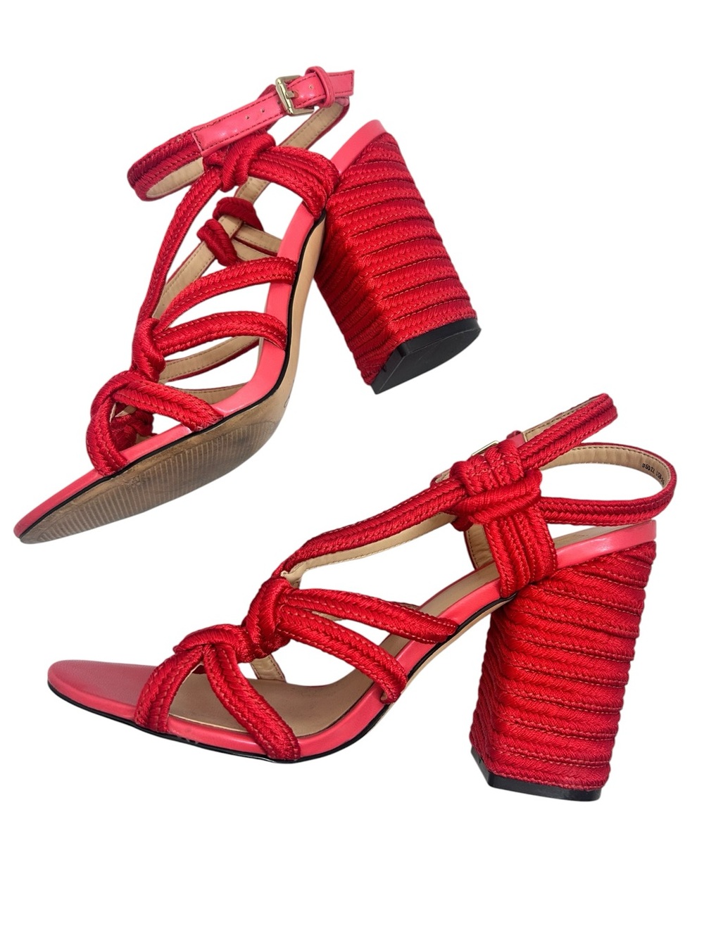 Cabi Tiptoe Rope Sandals Size 8 Hibiscus Red Ankle Strappy Block Heel - Picture 1 of 8